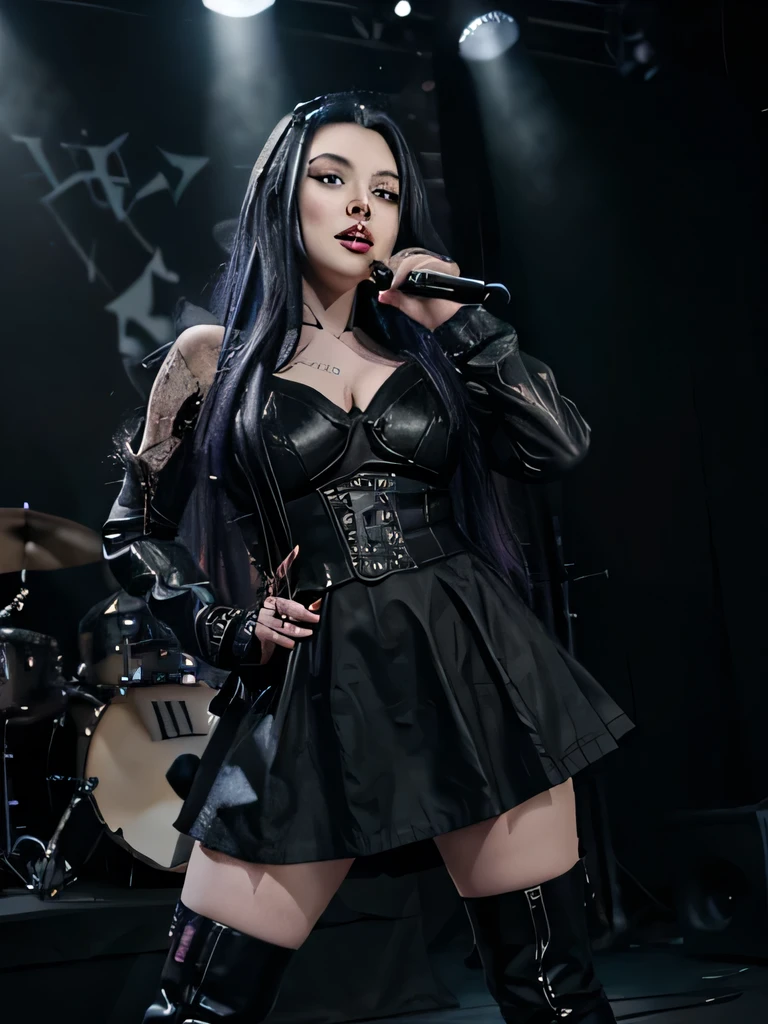 Amy Lee From the band Evanescence, Vocalist Band, curvy, long windblown Black and blue hair, dark eyes, beautiful goth make-up, intense feirce look, sheer black tool skirt and black leather short goth dress, cool goth boots, gorgeous legs, singing, holding a microphone, intense scene, front face pose,, whole body shot, starring at the camera, rock concert background.