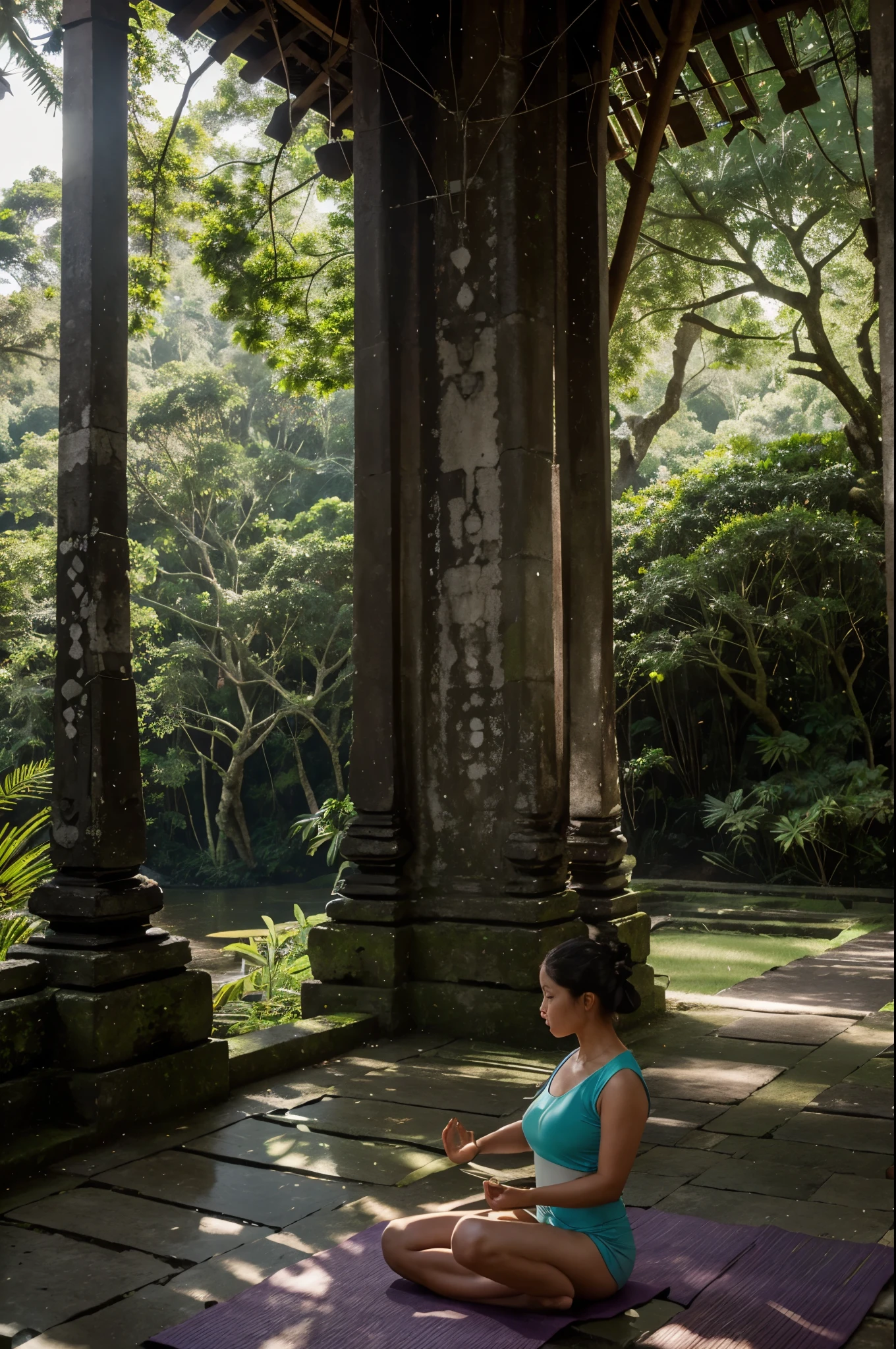 clean photography, photography photo, landscape only, trees in focus, nature, peaceful, nature setting, people meditating, people doing yoga, large bali trees, meditation, rainforest, trees, exploring, aesthetic, landscape photo, no subject, bali indonesia, bali rainforest, hyper realistic, high resolution, extra details, quality uhd, photo realistic, high budget, clean tshirt, zoomed out, long-distance lens