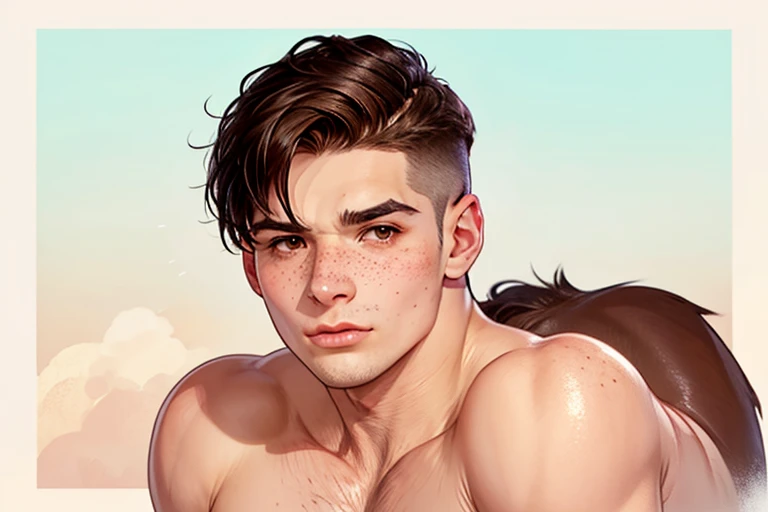 An androgynous centaur. Fantasy setting. Very short hair. Short manly haircut. Dark-brown hair with a undercut. Very pale skin with freckles and liverspots. Round soft face. Round soft chin. Round soft cheeks. Curved lips. Long wide nose. Dark brown eyes. Upturned eyes. Very thin, barely visible eyebrows. Long neck. Slim. . Friendly. Androgynous. Tomboyish. On a wide plain.