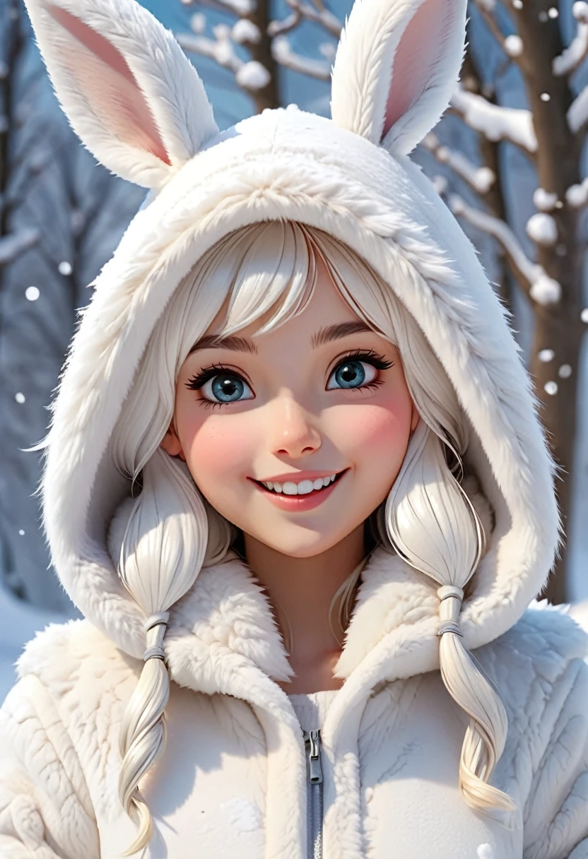 Cute white-haired girl wearing a white hooded fur coat with bunny ears, Close up of a happy and lively character standing on white snow taking photo of winter snow scene( Perfect anatomical structure ) Beautiful and extremely fine texture，detailed, bright, High-definition and high-quality animation style presentation