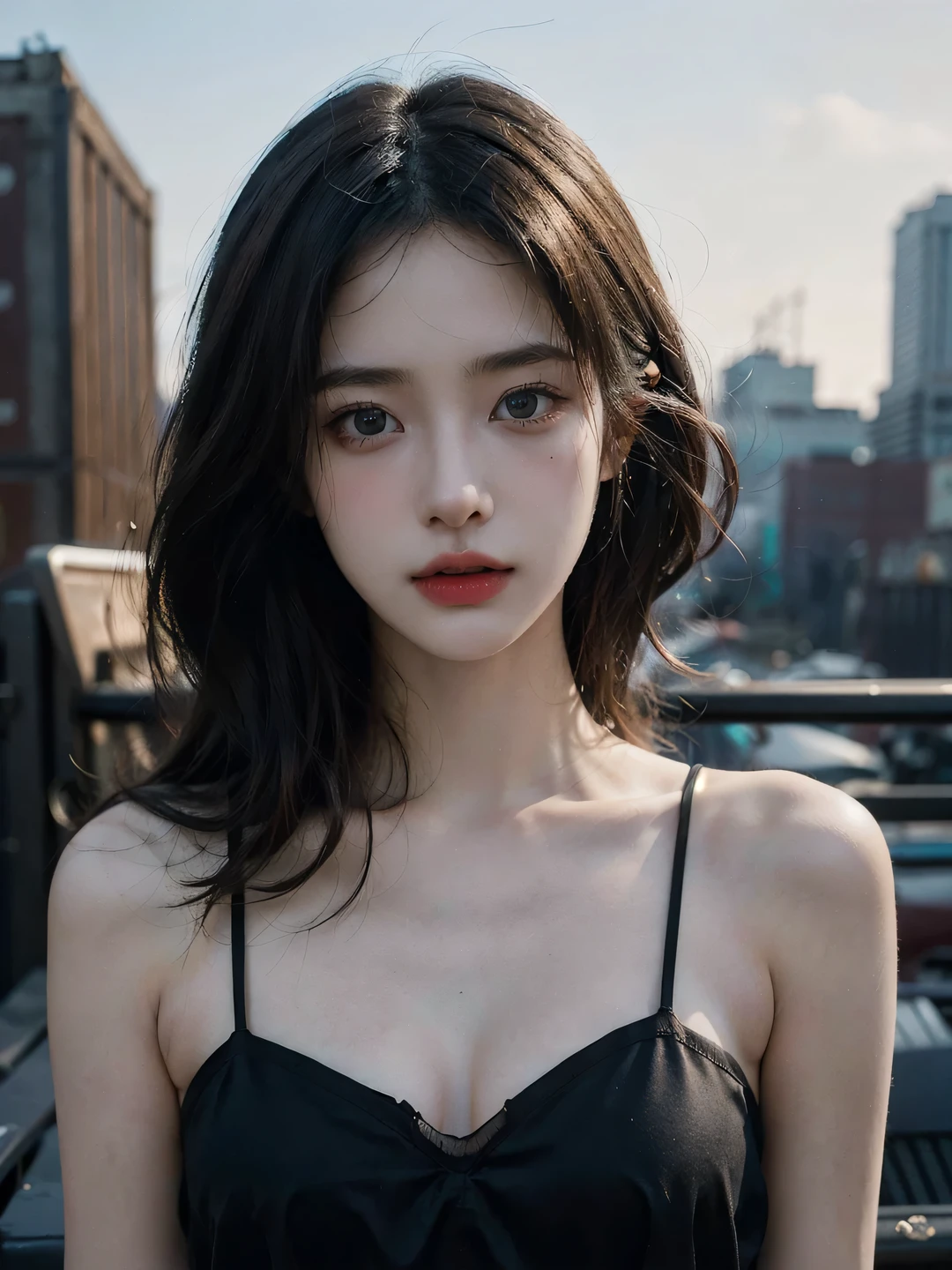 1girl, (looking at viewer:1.2), detail face, (a girl standing, rending on cgsociety, black shadows, streaming, new york backdrop), romanticism, atmospheric, (RAW photo, best quality), (realistic, photo-realistic:1.3), masterpiece, an extremely delicate and beautiful, extremely detailed, D cup,Cleavage,Translucent blue tube top 1.5,