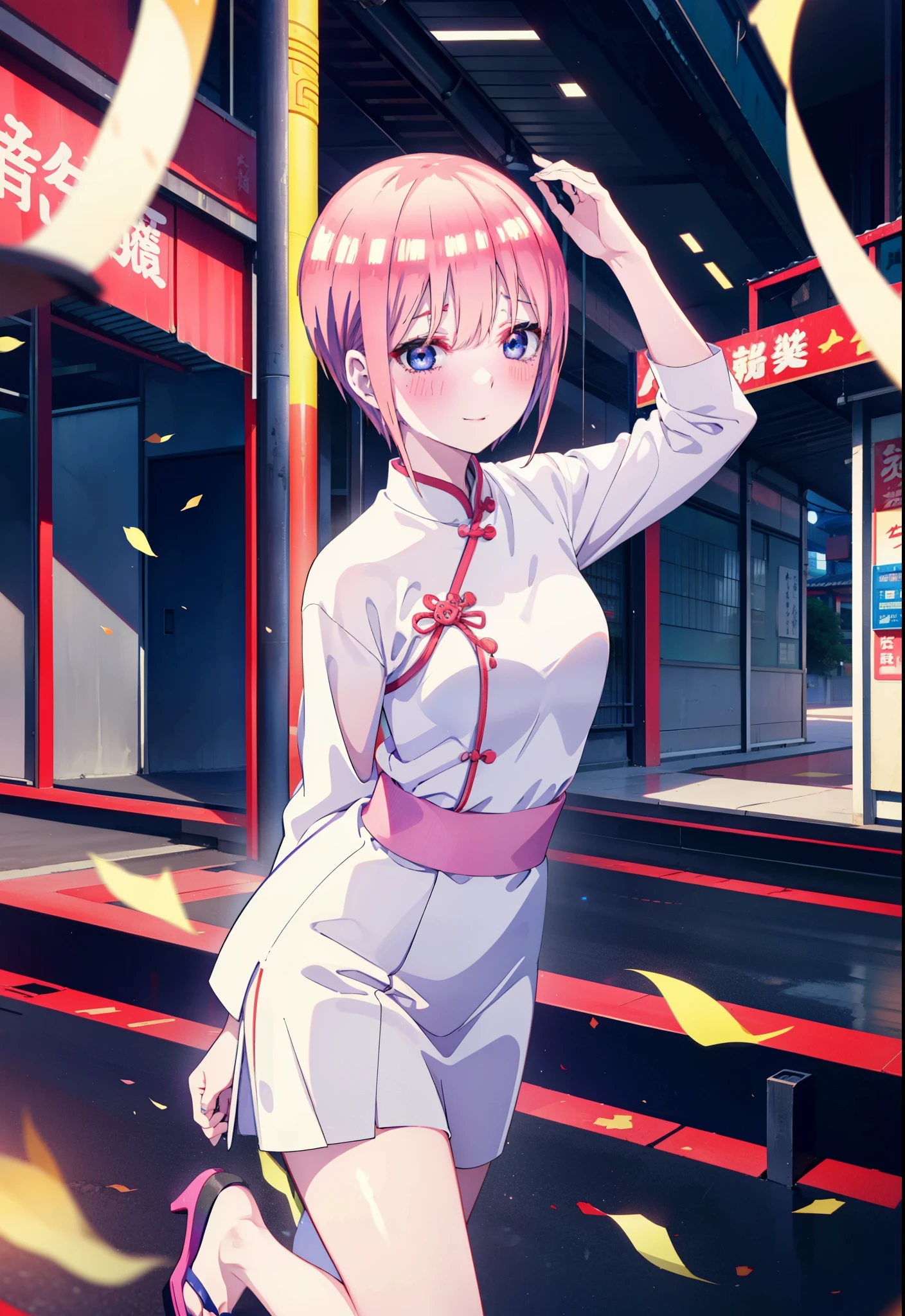 ichikanakano, ichika nakano, short hair, bangs, blue eyes, Hair between the eyes, Pink Hair, One side up, happy smile, smile, Open your mouth,blush,Open your mouth,White cheongsam,White long slit,Stiletto heels,Put your arms behind your back and look,To include nudity in the illustrations,
break ourdoors, Chinese-style cityscape,                           break looking at viewer, whole body,
break (masterpiece:1.2), highest quality, High resolution, unity 8k wallpaper, (shape:0.8), (Fine and beautiful eyes:1.6), Highly detailed face, Perfect lighting, Highly detailed CG, (Perfect hands, Perfect Anatomy),