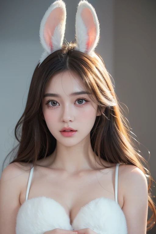 a cute rabbit girl with big fluffy white rabbit ears, beautiful detailed eyes, beautiful detailed lips, extremely detailed face and skin, long eyelashes, high quality 8k, detailed portrait, realistic, photorealistic, masterpiece, cinematic lighting, vibrant colors, cute, adorable