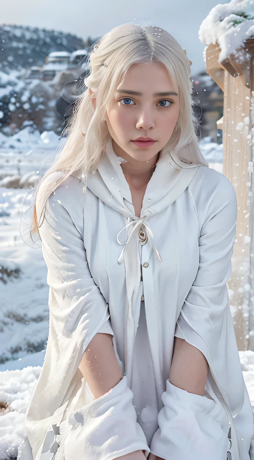 (8K)，Photorealistic, High resolution, 1 Women, Solo, (Lolita costume)， Beautiful eyes, White hair, Ringed Eyes, (sitted，cloaks，Cover with snow)，snow field，Colossal 