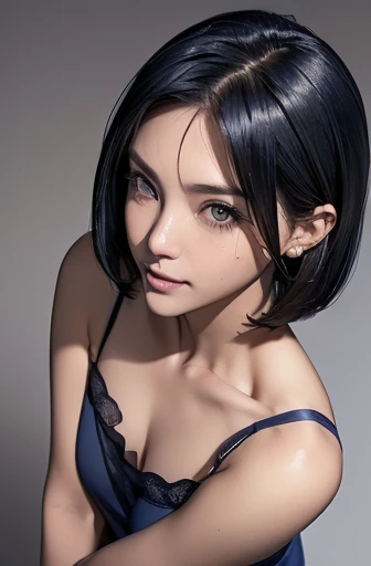 (masterpiece), (8k, best quality, high resolution), (ultra-detailed, realistic), (anatomically correct),
((from above)), ((look up and see the viewer)),
((face close-up)), (Standing), (No background),
(1woman),
(A Japanese woman, 30 years old and 155cm tall.),
((Create a detailed image of the eye)),
(((Wear a navy blue tunic camisole))), ((A camisole without decoration.)),
(black hair), (straight hair), (short hair style), (bob cut),
((put hair over ear)),
((There is a conspicuous mole on the chin)),
((smile broadly)),
(Her impression is pure, clean and kind.),