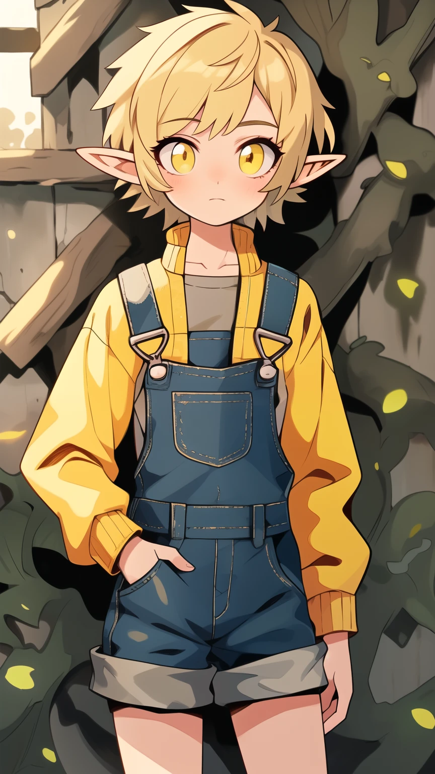 Best quality, Super detailed illustration, Warm colors, Ideal lighting, perfect detail, elf boy, Elven ears, Femboy,  short hair, dirty hair, yellow eyes, overalls with a jacket underneath, gloved, flat chest, Bright eyes, whole body, against the backdrop of an old barn