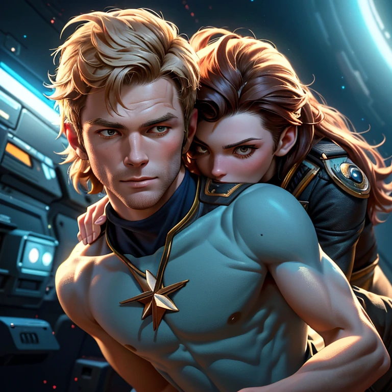 A young Captain Kirk in a torn Starfleet uniform, desperately evading the beautiful, savage women of the alien world Oboo who hunger for his love, their bodies adorned with alien bodypaint, nearly nude, SFW, dramatic sci-fi landscape, cinematic lighting, epic space opera, highly detailed, 8k, photorealistic