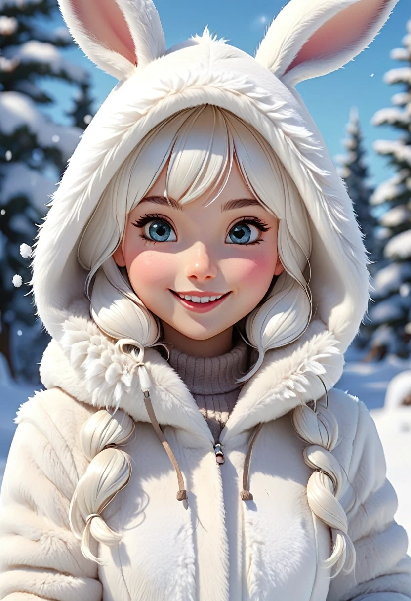 Cute white-haired girl wearing a white hooded fur coat with bunny ears, Close up of a happy and lively character standing on white snow taking photo of winter snow scene( Perfect anatomical structure ) Beautiful and extremely fine texture，detailed, bright, High-definition and high-quality animation style presentation