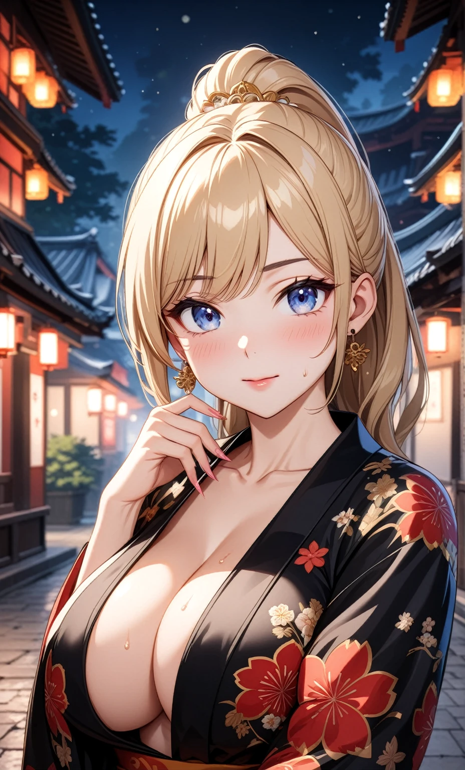 ((One woman)), Beautiful Face,Kind Face,Blushing,Glossy Lips,Abstract, Shrine at night, ((Anime style background)),masterpiece, highest quality, so beautiful, Absurd, up to date, Complex details, Pink long nails,AI-generated, Complex,High resolution, highest quality, super high quality,3D Images、View the viewers、3D Images,one person,Long Blonde Hair,(Hair with dark hairline),High Ponytail,blue eyes,Anime woman posing for a photo, [[Fine grain、Colorful eyes、Shining Eyes:1.15]],(Squint your eyes:1.1),a hyperRealistic , hyperRealistic , Realistic , Blonde anime woman with long hair, Smooth anime CG art, A woman in a colorful kimono with gold embroidery, Floral Yukata,Black kimono,Flower Hair Ornaments,Earrings,(Large Breasts:1.4),Mature Body,Exposed nipples,Sweat all over,tall,Big Ass,Fine details,Trained abdominal muscles,Tilt your face,Leaning forward