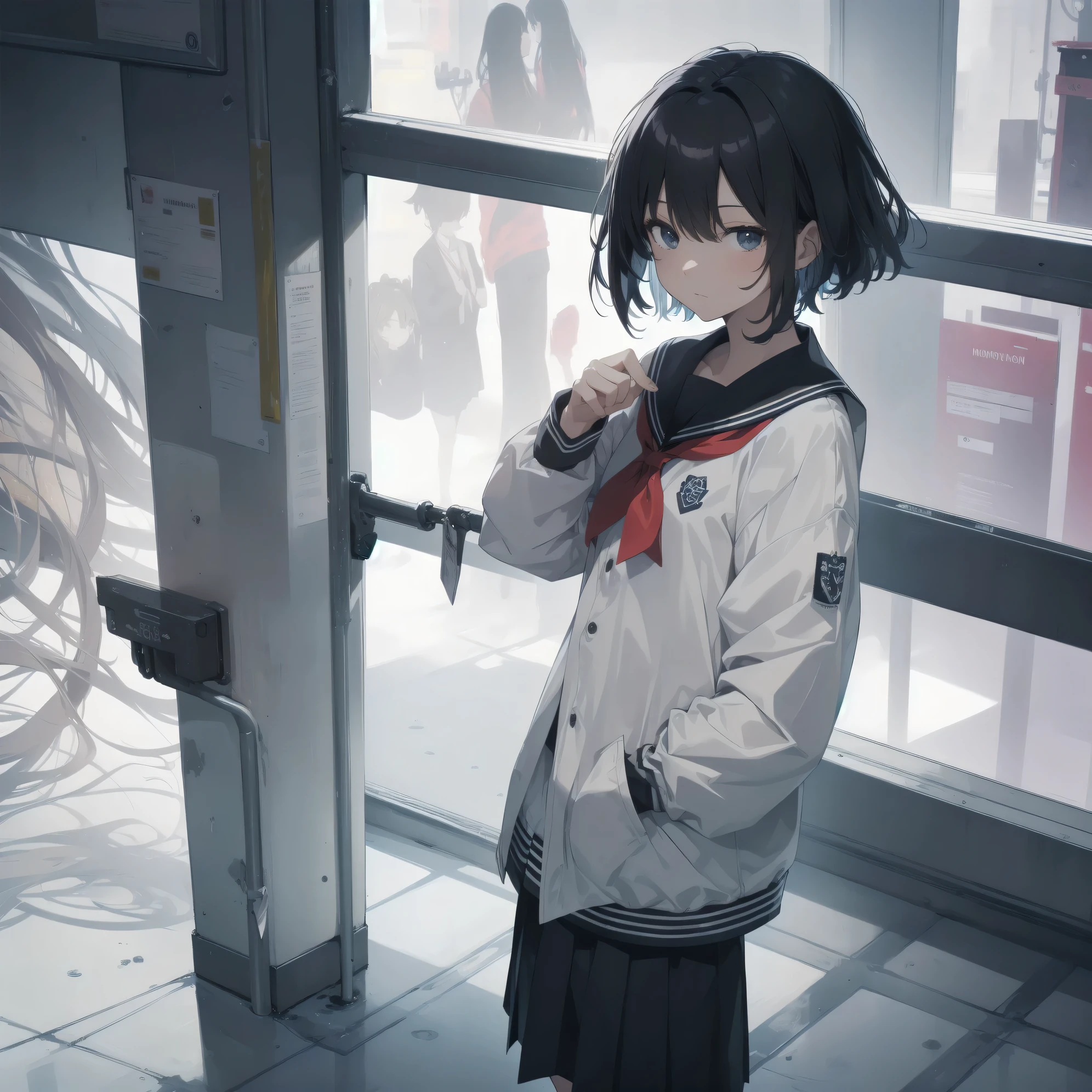 ultra-absurdres-Top quality by artist God, ultra-detailed, high resolution, anime moe artstyle, best anime 8k konachan wallpaper, pixiv contest winner, pool:2810, perfect anatomy,break, 1girl, (Please draw a girl walking sleepily to school alone. )break,(Solo,little female, 13-year-old:1.3),Full limbs, complete fingers,a junior high school student, (very short hair), short cut, flat chest, , small butt, small black eyes, beautiful detailed eyes, well-proportioned iris and pupils, expressive eyes, highres detailed hair, soft expression, salor school_uniform, sailor collar, serahuku, bow, pleated skirt,(Detailed Lighting), (Detailed background), in the School commute route. break,super detailed skin, Best cinematic lighting powered by famous artist, 8k,beauty illustration,photoshop_(medium),very aesthetic,break,((artist:kouno_(masao) )), artist:clamp ,artist:carnelian ,artist:kantoku ,
