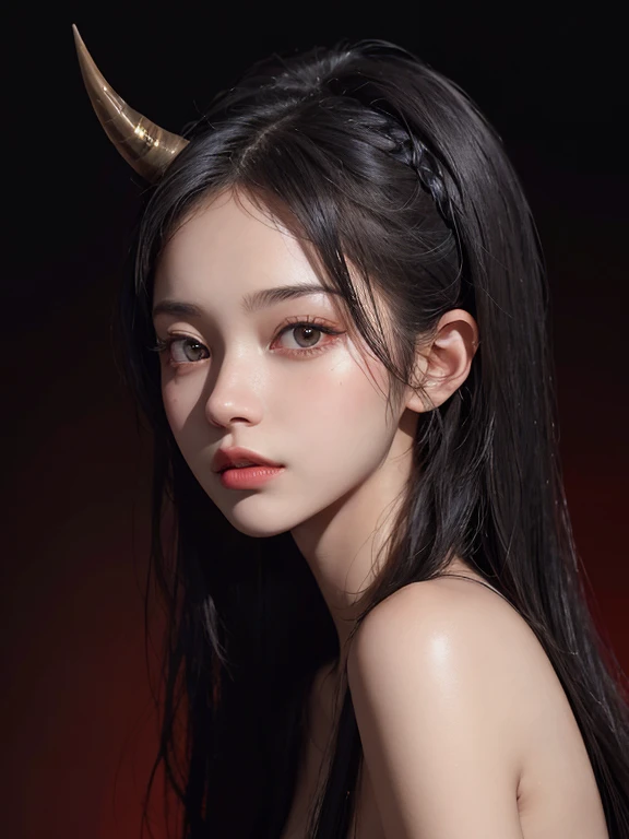 a 20 yo woman,bob hair, 1 horn on left fore head, dark theme, soothing tones, muted colors, high contrast, (natural skin texture, hyperrealism, soft light, sharp),red background,simple background,