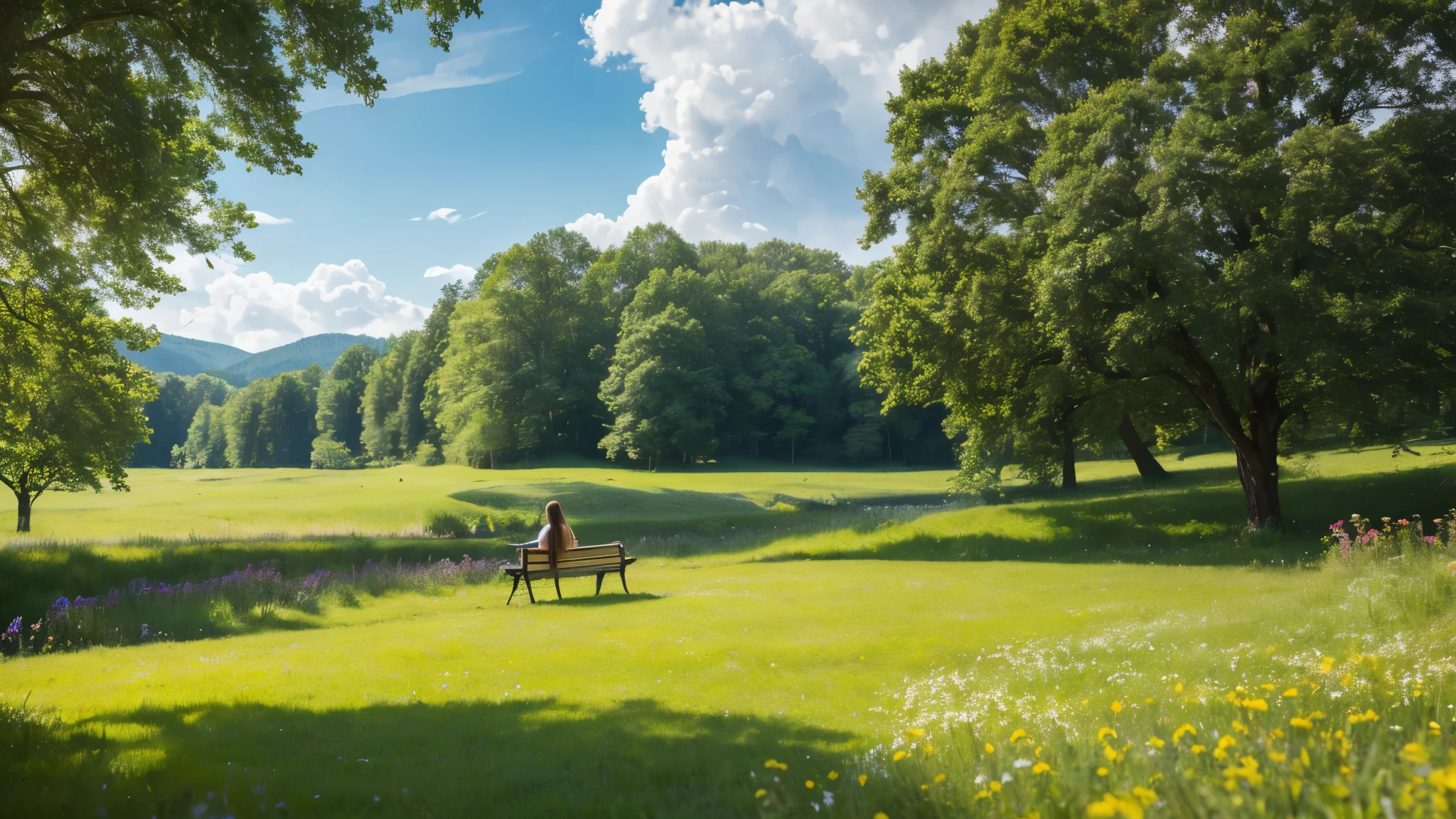 a beautiful woman with long hair smiling, peaceful countryside landscape, blue sky with fluffy white clouds, sunlight filtering through the trees, green grass and wildflowers, a wooden bench, butterflies flying, (best quality,4k,8k,highres,masterpiece:1.2),ultra-detailed,(realistic,photorealistic,photo-realistic:1.37),serene,tranquil,natural,fresh,minimalist,happy,joyful,carefree