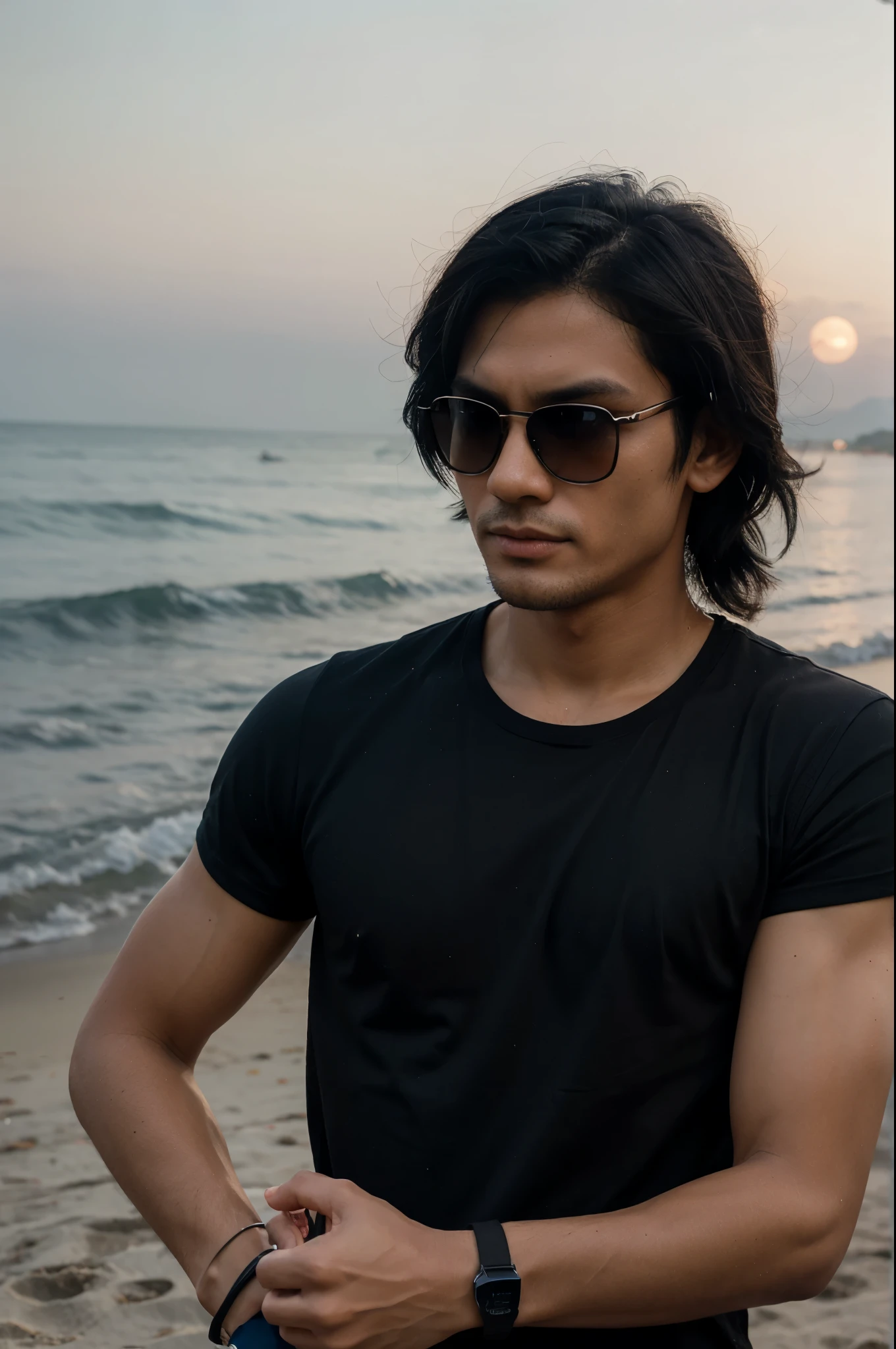 man with black hair, blue tshirt, in thailand, indonesia, phucket, on beach at night, night time party, orange strap watch, thin white sunglasses, hyper realistic, detailed skin, high resolution, extra details, quality uhd, tanned skin, sharp jawline, detailed face, photo realistic, high budget , two arms, five fingers