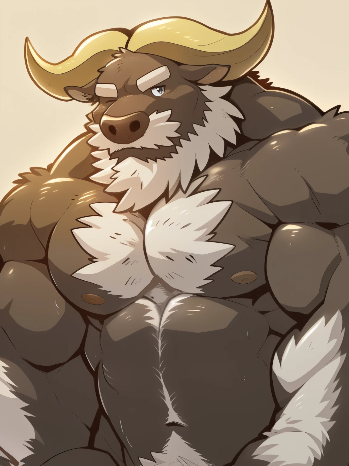 Author: Takemoto Arashi, (1 boy), One, Ahab, bull, brown fur, Two horns, white horns, white beard, white chest hair, Men's Second, kemono, hot body, muscle, Beautiful, sexual, Attractive guy, (Detailed grey eyes), brows, (masterpiece, A high resolution, Best quality), 4K, a male, Ahab portrait, Beautiful shadow, nipples, 