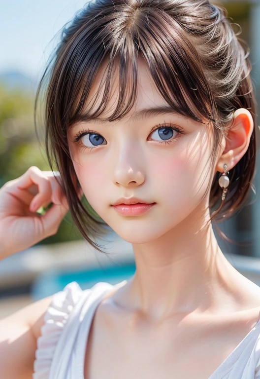 ((SFW: 1.4)), ((Delicate face, Professional photography)), ((SFW, Super short hair, hair on the temples, blond, Large target, clear sky blue eyes, earrings, 1 girl)), Ultra-high resolution, (Practical: 1.4), RAW photos, best quality, (PhotoPractical Stick), focus, Soft Light, ((15 years old)), (( (Young face))), (surface), (Depth of Field), masterpiece, (Practical), Miss, Bangs, ((1 girl))