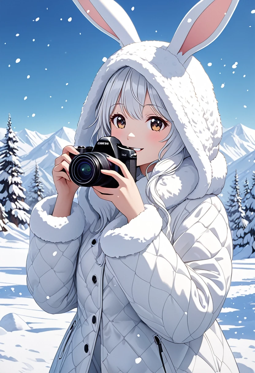 Cute white-haired girl wearing a white hooded fur coat with bunny ears, Close up of a happy and lively character standing on white snow taking photo of winter snow scene( Perfect anatomical structure ) Beautiful and extremely fine texture,detailed, bright, High-definition and high-quality animation style presentation