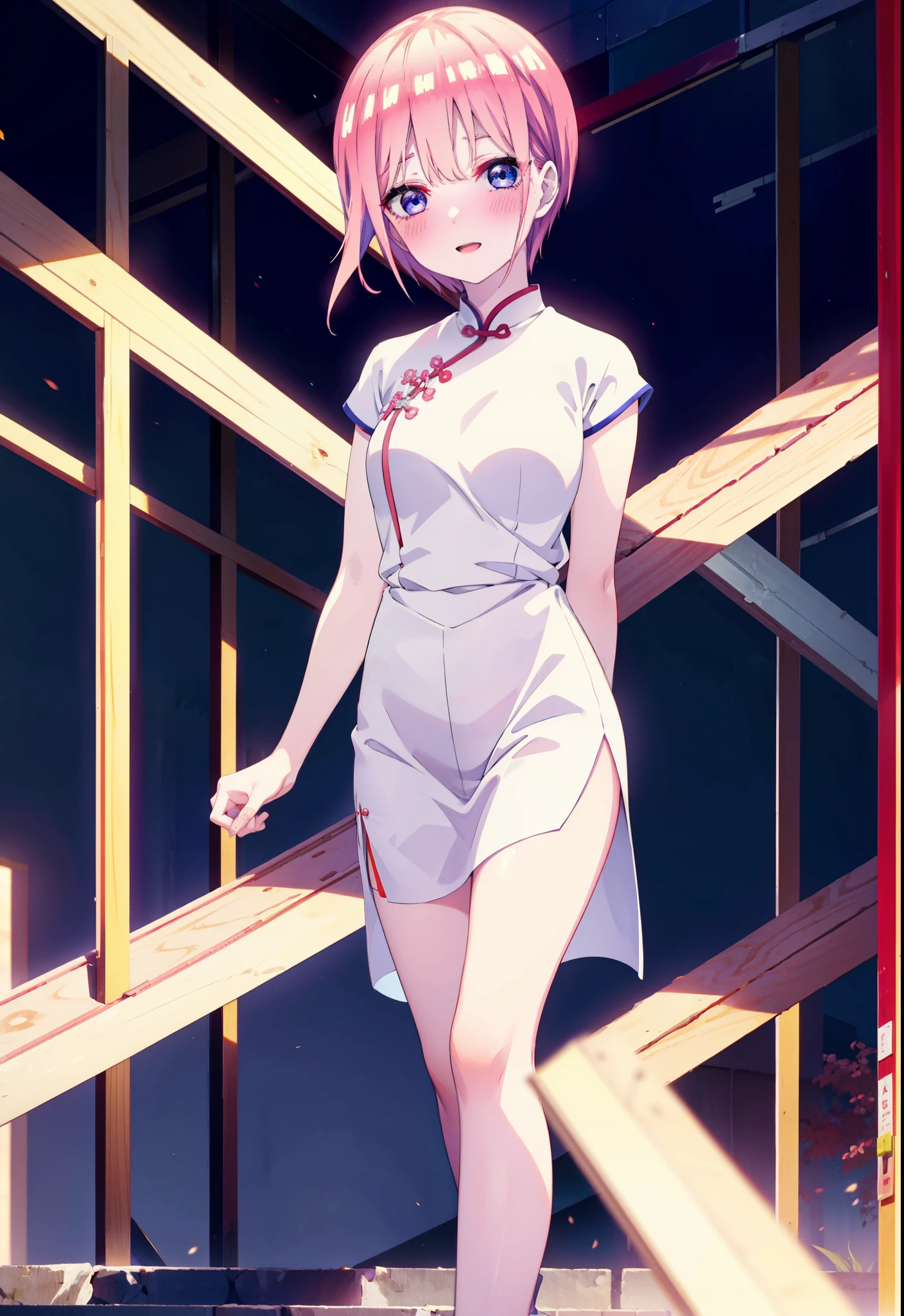 ichikanakano, ichika nakano, short hair, bangs, blue eyes, Hair between the eyes, Pink Hair, One side up, happy smile, smile, Open your mouth,blush,Open your mouth,White cheongsam,White long slit,Stiletto heels,Put your arms behind your back and look,To include nudity in the illustrations,
break ourdoors, Chinese-style cityscape,                           break looking at viewer, whole body,
break (masterpiece:1.2), highest quality, High resolution, unity 8k wallpaper, (shape:0.8), (Fine and beautiful eyes:1.6), Highly detailed face, Perfect lighting, Highly detailed CG, (Perfect hands, Perfect Anatomy),