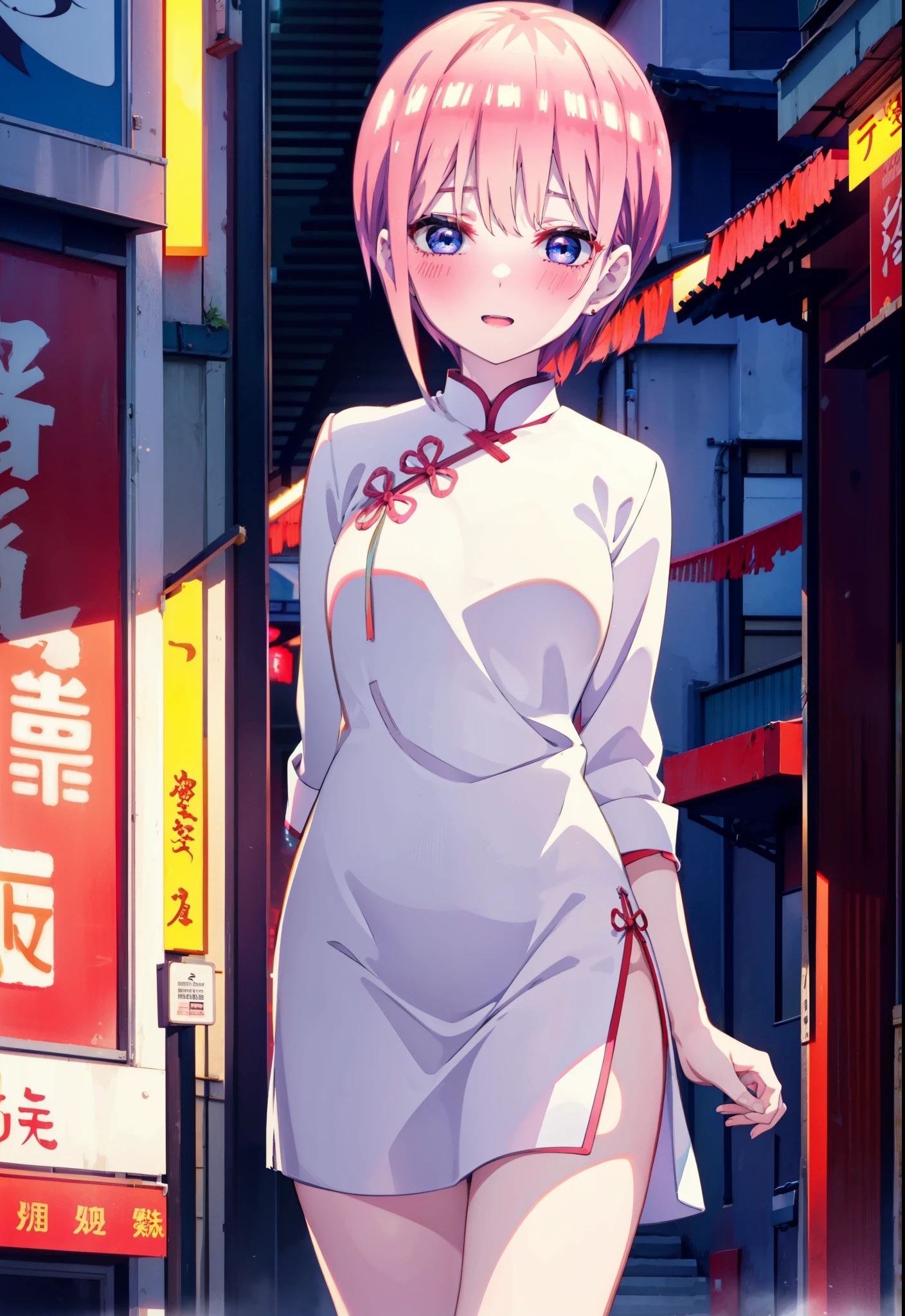ichikanakano, ichika nakano, short hair, bangs, blue eyes, Hair between the eyes, Pink Hair, One side up, happy smile, smile, Open your mouth,blush,Open your mouth,White cheongsam,White long slit,Stiletto heels,Put your arms behind your back and look,To include nudity in the illustrations,
break ourdoors, Chinese-style cityscape, break looking at viewer, whole body,
break (masterpiece:1.2), highest quality, High resolution, unity 8k wallpaper, (shape:0.8), (Fine and beautiful eyes:1.6), Highly detailed face, Perfect lighting, Highly detailed CG, (Perfect hands, Perfect Anatomy),