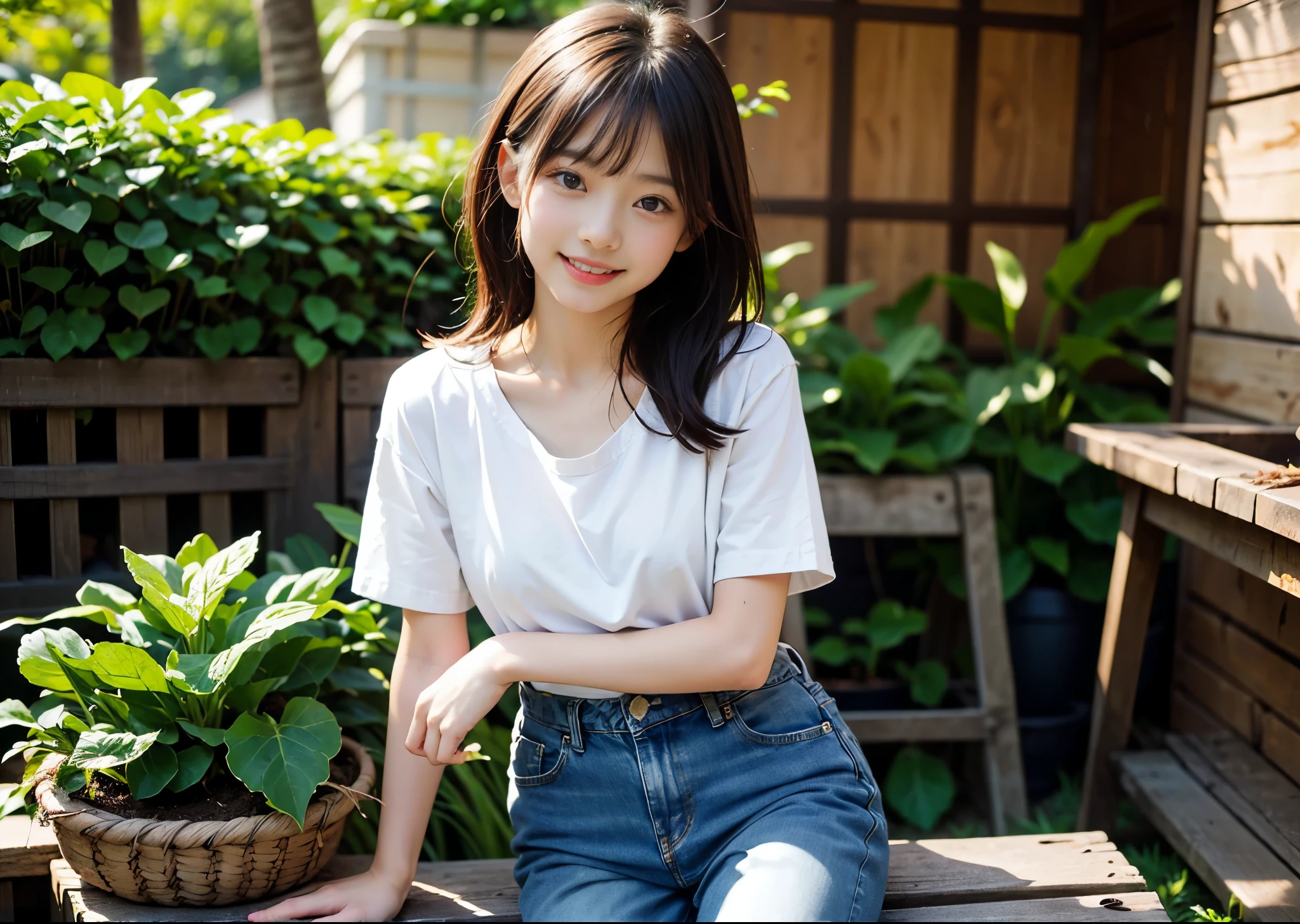 (masterpiece, highest quality, highest quality, Official Art, beautifully、aesthetic:1.2),Farmer girl harvesting cabbage、Large cabbage field、 (Greyt1 girl in shirt and jeans)、Smiling Girl、Big Eyes、Long light brown hair with bangs、Very detailed、Tropical Flower Background、Perfect lighting、Sharp focus、High resolution、High resolution、High color rendering、High resolution、Super realistic、
