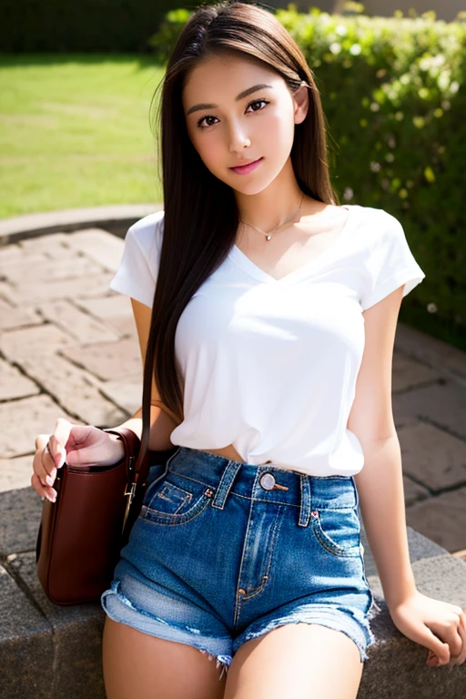 beautiful, masterpiece, highest quality, Highly detailed face,  Perfect lighting, One girl, alone,  Giovanna MS, Cowboy Shot, White shirt, Black trousers, Sitting, Spread your legs