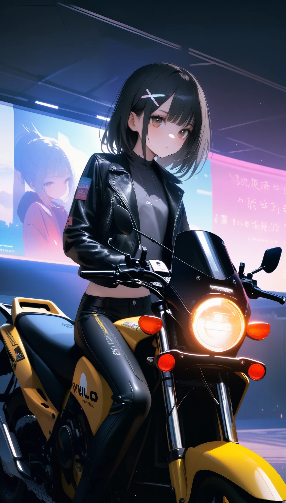 [artist:ningen_mame],[artist:sho_(sho_lwlw)],[artist:mignon],[artist:kedama milk],[artist:ask_(askzy)],artist:wanke,artist:wlop,artist:fujiyama,year 2024,8k,cyberpunk style,1girl,(Miyu Edelfelt),black hair,brown eyes,small chest,x hair ornament,Tight leather jacket and leather pants cover the whole body,High-heeled leather boots,(riding yellow SUZUKI GSX600F motorcycle),Beautiful,Glowing special effects,celluloid style,Flat coating,HD,CG art,comics,8K,looking into camera,high quality,illustration,Vaporwave style,rim light,movie lighting,Super detailed,complex,OC renderer,cinematic perspective,high resolution