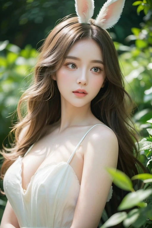 beautiful girl with rabbit ears, long wavy hair, porcelain skin, big eyes, lush lips, delicate features, wearing a white summer dress, in a lush green garden, butterflies flying around, soft natural lighting, pastel colors, dreamlike, highly detailed, photorealistic, 8k, (best quality:1.2), (extremely detailed:1.4), (masterpiece:1.3)