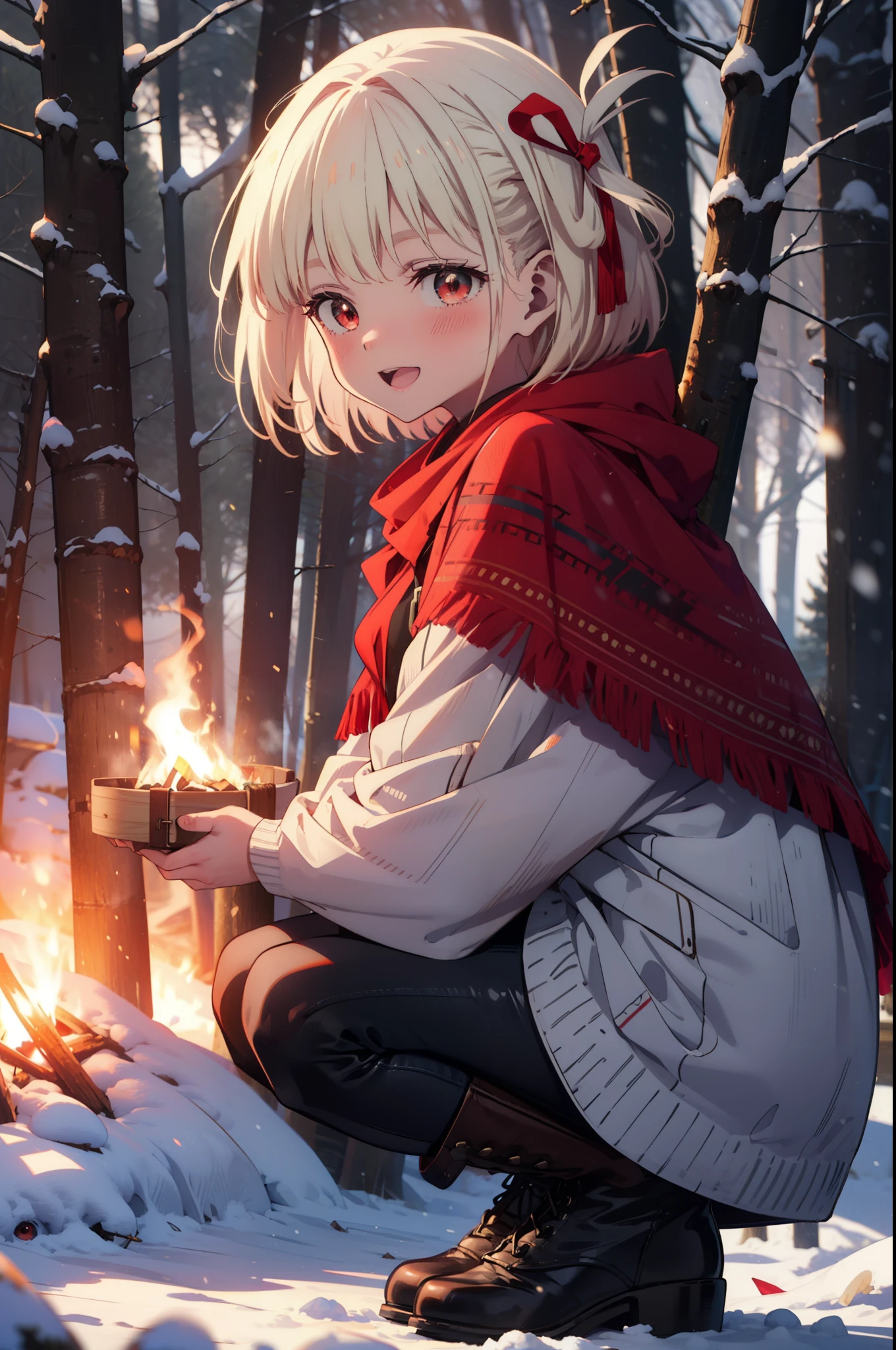 chisatonishikigi, Chisato Nishikigi, short hair, bangs, blonde, (Red eyes:1.5), Hair Ribbon, One side up, Bobcut,smile,blush,happy smile, smile, Open your mouth,
White Breath, Open your mouth,snow, Ground bonfire, Outdoor, boots, snowing, From the side, wood, suitcase, Cape, Blurred, Increase your meals, forest, White handbag, nature, Squat, Mouth closed, フードed Cape, winter, Written boundary depth, Black shoes, red Cape break looking at viewer, Upper Body, whole body, break Outdoor, forest, nature, break (masterpiece:1.2), highest quality, High resolution, unity 8k wallpaper, (shape:0.8), (Beautiful and beautiful eyes:1.6), Highly detailed face, Perfect lighting, Highly detailed CG, (Perfect hands, Perfect Anatomy),