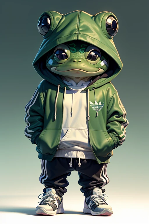 Anime of frog  wearing green hoodies from adidas and logo Manchester United football club  、Cute、adidas sneakers（Body hair is green 、Details of the appearance of the frog）