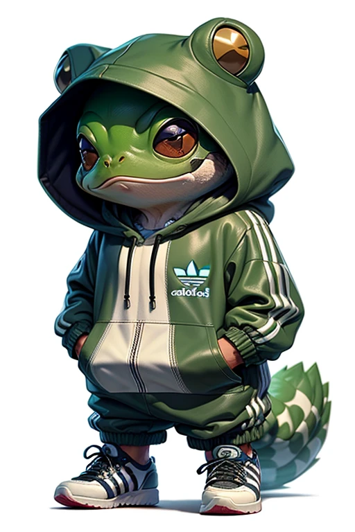 Anime of frog  wearing green hoodies from adidas and logo Manchester United football club  、Cute、adidas sneakers（Body hair is green 、Details of the appearance of the frog）
