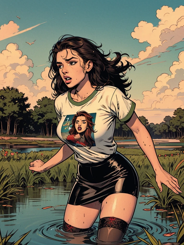 dynamic, execution:1.3, drowning in the middle of the bog, depraved, (young feminine facial features), orgasm, t-shirt, stockings with garters, pencil skirt, green,red, blue, morning sky, 