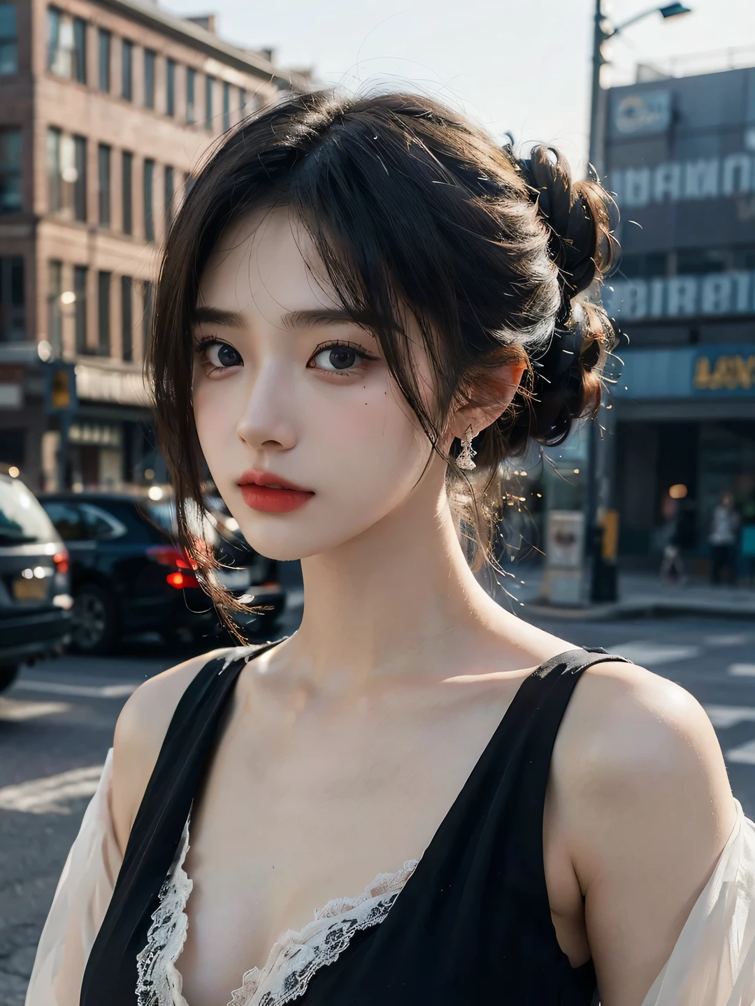 1girl, (looking at viewer:1.2), detail face, (a girl standing, rending on cgsociety, black shadows, streaming, new york backdrop), romanticism, atmospheric, (RAW photo, best quality), (realistic, photo-realistic:1.3), masterpiece, an extremely delicate and beautiful, extremely detailed,Hair in a bun，Wear delicate earrings， D cup，Cleavage，Semi-transparent deep V silk dress1.5，
