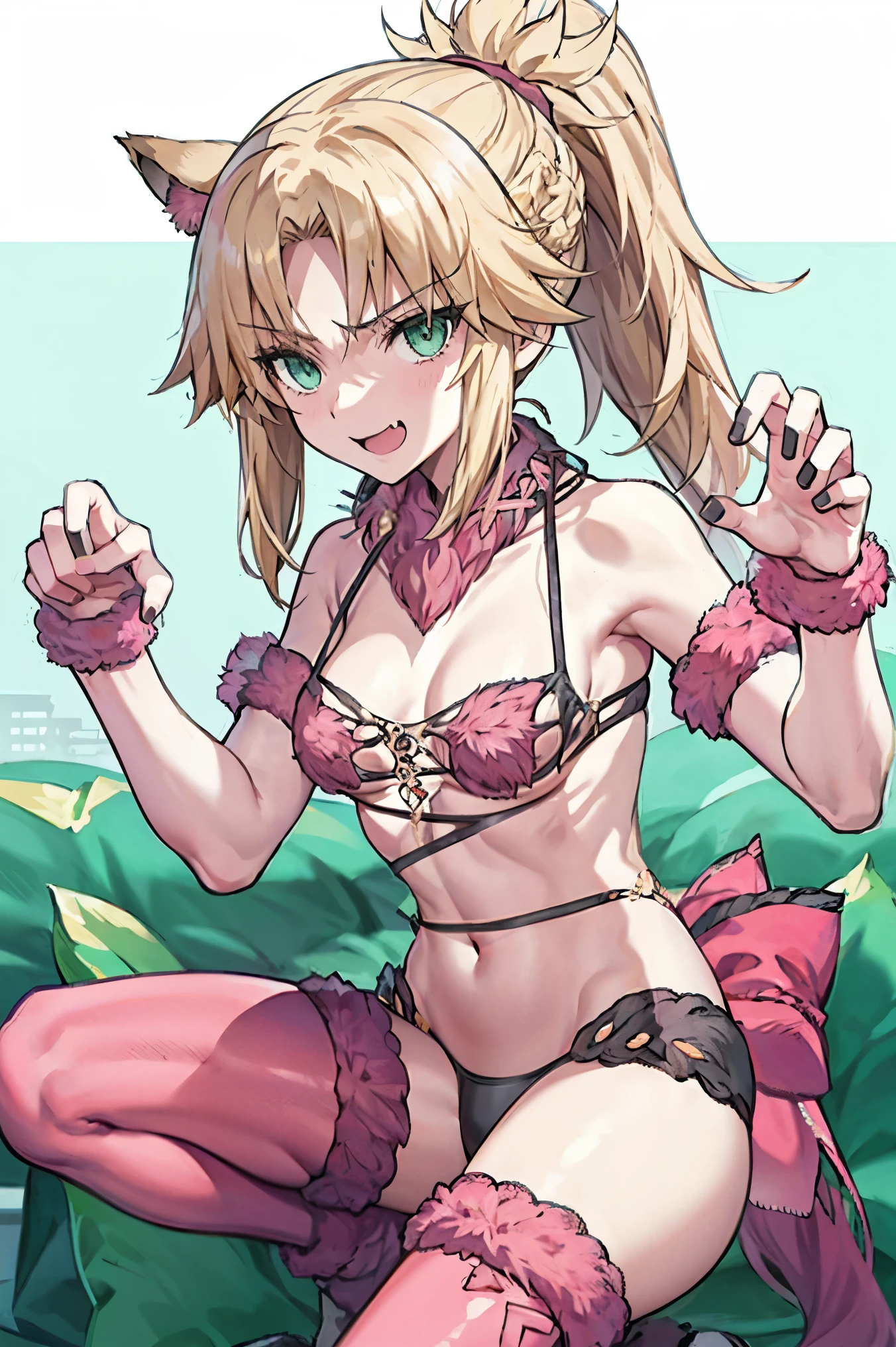 Masterpiece, Best Quality, illustration, city, 1girl, Mordred \(fate\), collarbone, Detailed blond hair ponytail braid, green eyes,,navel,thigh-high, covered_pussy,flat_chest,long_sworddangerousbeast,elbow_gloves,
,wolf_tail,wolf_ears,fang,happy,nihil,smile,spread_legs,claw_pose,armpits,open_mouth,angry,squat,bikini_bottoms,rise_hands,Highquality_hads,perfect_fingers,