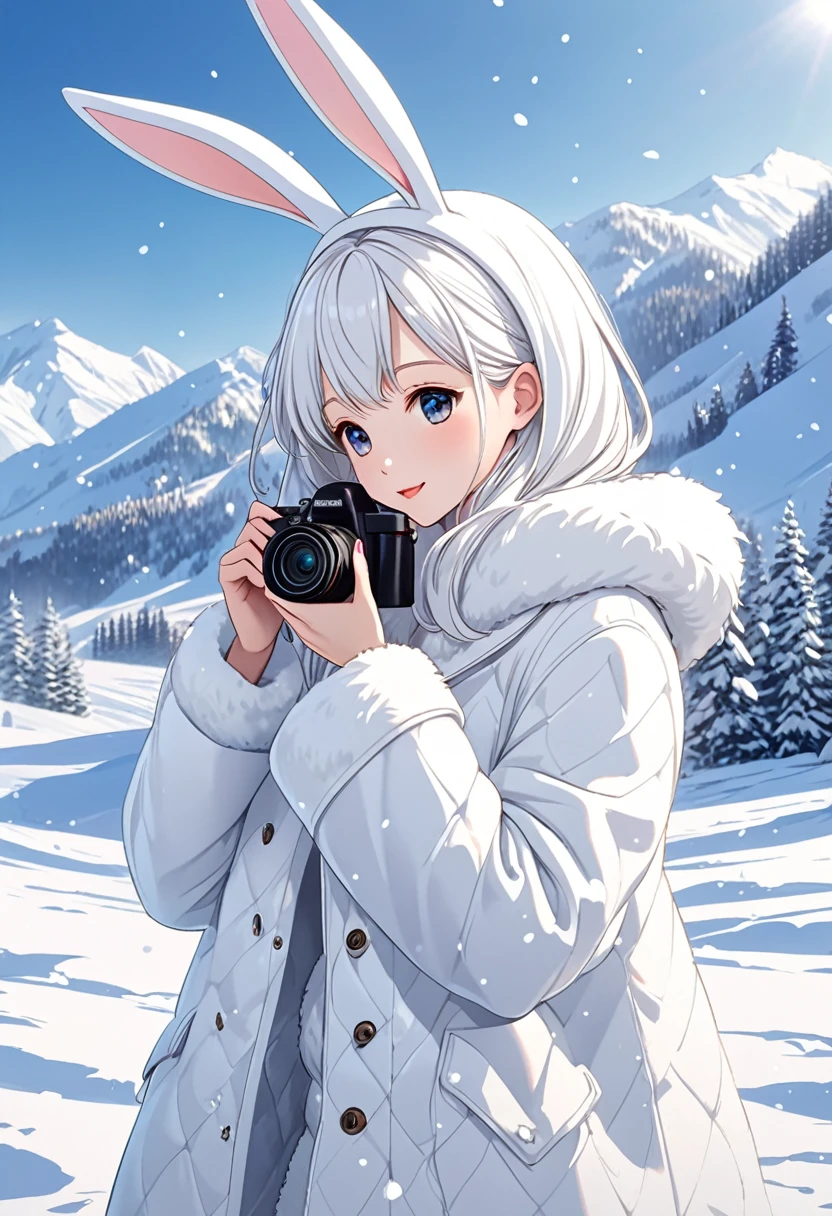 Cute white-haired girl wearing a white hooded fur coat with bunny ears, Close up of a happy and lively character standing on white snow taking photo of winter snow scene( Perfect anatomical structure ) Beautiful and extremely fine texture，detailed, bright, High-definition and high-quality animation style presentation