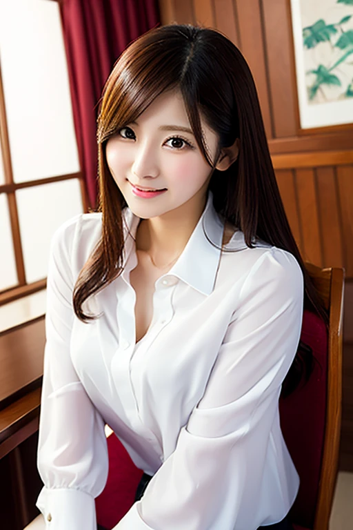 Close-up of a woman in a white blouse sitting on a chair, Gorgeous Young Korean Woman, White clothes are very transparent, Chest visible