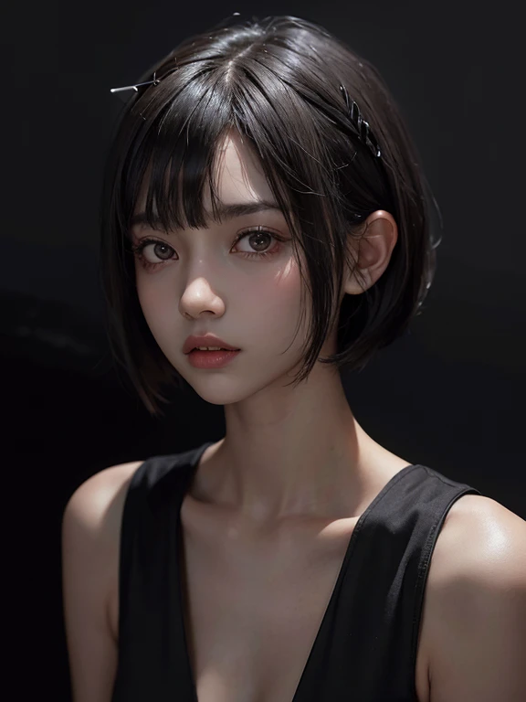 a 15 yo girl , short bob hair with bangs, black hair, 1 horn on left front fore head, dark theme, soothing tones, muted colors, high contrast, looking to the left, (natural skin texture, hyperrealism, soft light, sharp),red background, lost spirit background,