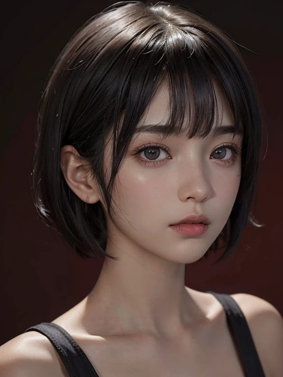a 15 yo girl , short bob hair with bangs, black hair, 1 horn on left front fore head, dark theme, soothing tones, muted colors, high contrast, looking to the left, (natural skin texture, hyperrealism, soft light, sharp),red background, lost spirit background,