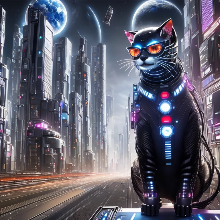 A realistic cute cyber cat, 1cat, solo, futuristic city in the background