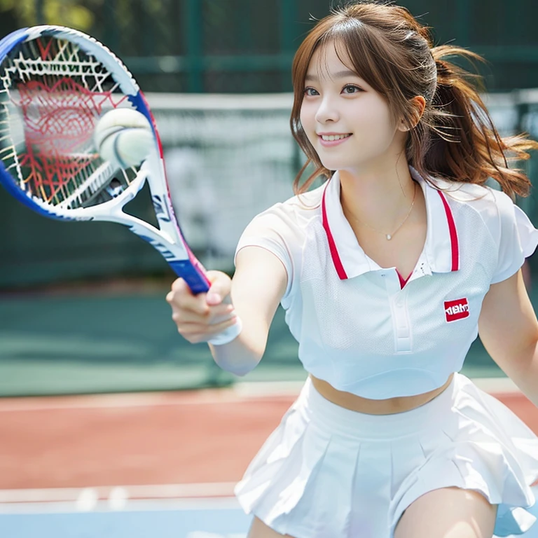 Photo-realistic quality、Wearing white tennis wear and hitting a tennis ball18Japan Idol of the Year Old, White tennis wear, A girl playing tennis, realistic tennis racket、Japanese model playing tennis, Detailed and beautiful eyes、Cute Smile、A soft and gentle look、looking at the camera