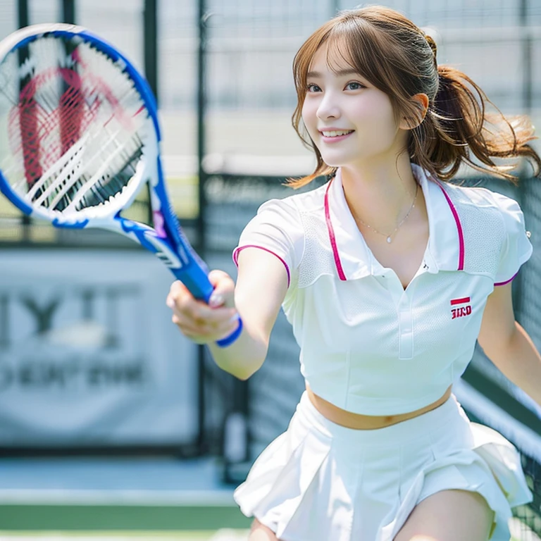 Photo-realistic quality、Wearing white tennis wear and hitting a tennis ball１８Japan Idol of the Year Old, White tennis wear, A girl playing tennis, realistic tennis racket、Japanese model playing tennis, Detailed and beautiful eyes、Cute Smile、A soft and gentle look、looking at the camera