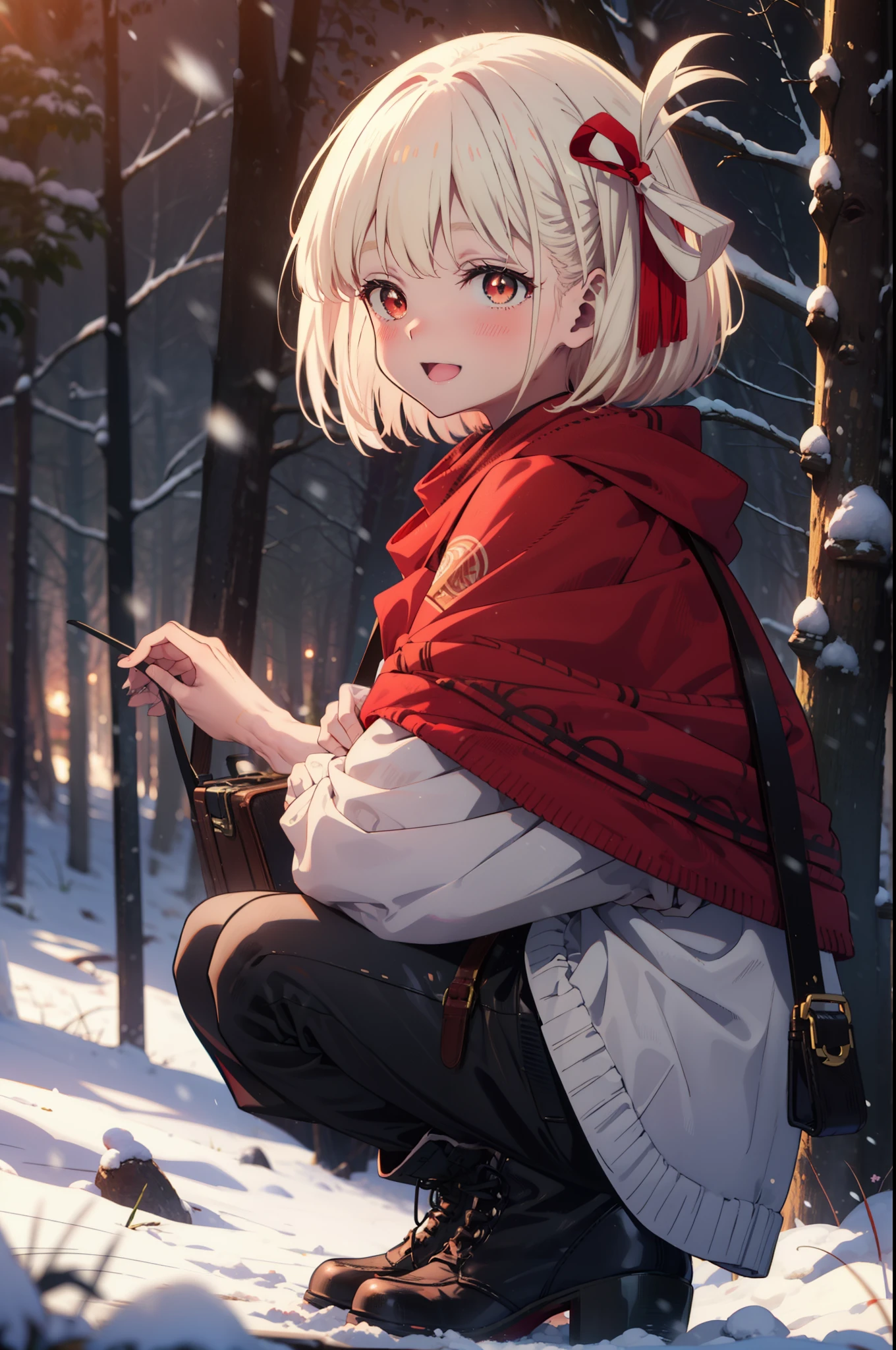 chisatonishikigi, Chisato Nishikigi, short hair, bangs, blonde, (Red eyes:1.5), Hair Ribbon, One side up, Bobcut,smile,blush,happy smile, smile, Open your mouth,
White Breath, Open your mouth,snow, Ground bonfire, Outdoor, boots, snowing, From the side, wood, suitcase, Cape, Blurred, Increase your meals, forest, White handbag, nature, Squat, Mouth closed, フードed Cape, winter, Written boundary depth, Black shoes, red Cape break looking at viewer, Upper Body, whole body, break Outdoor, forest, nature, break (masterpiece:1.2), highest quality, High resolution, unity 8k wallpaper, (shape:0.8), (Beautiful and beautiful eyes:1.6), Highly detailed face, Perfect lighting, Highly detailed CG, (Perfect hands, Perfect Anatomy),
