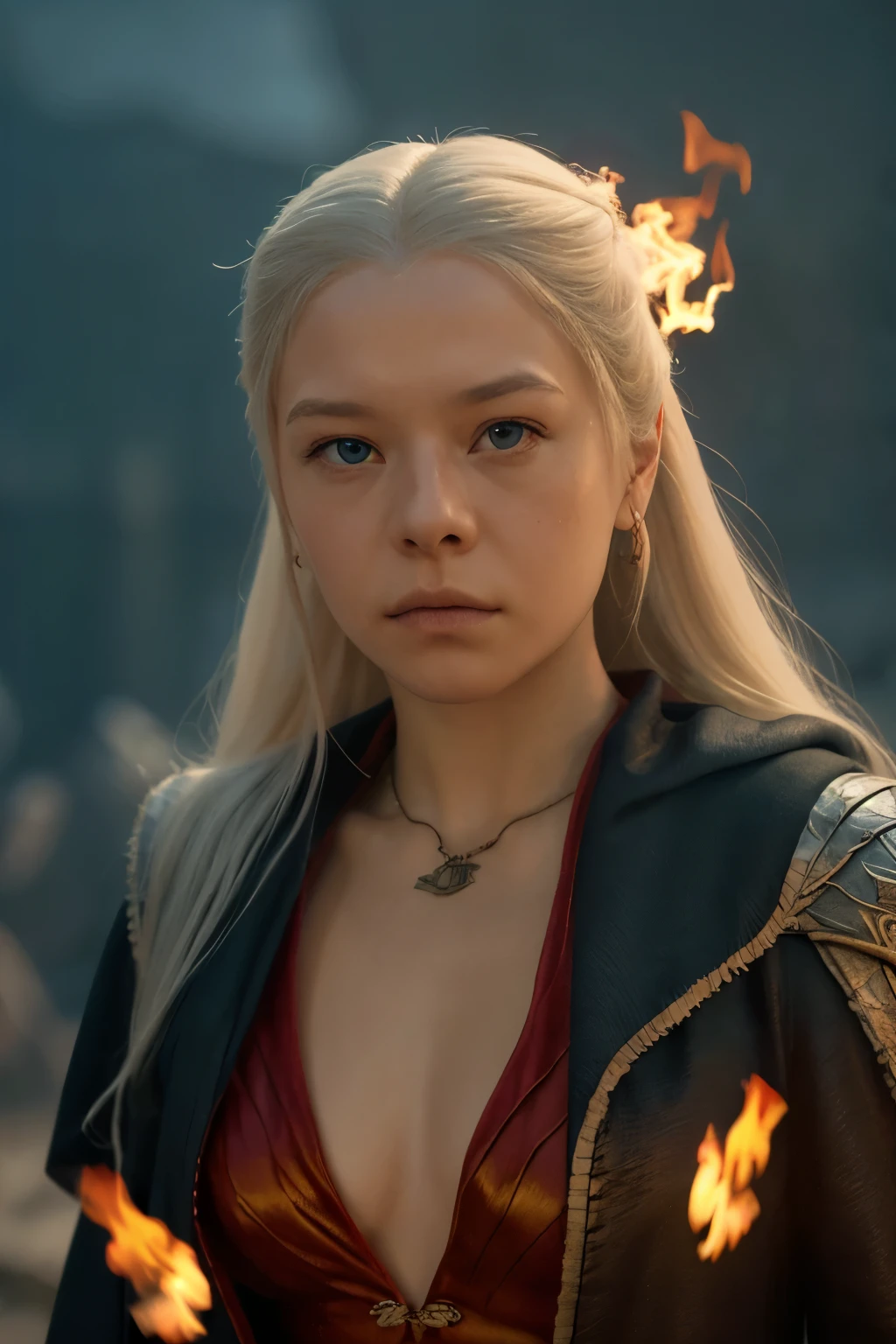 (masterpiece, best quality:1.2), solo, (((Cinematic heavy metal poster))) of Rhaenyra Targaryen, (master part:1.0), (best quality:1.4), (Ultra Highres:1.2), (photorealistic:1.4), 8K resolution, Canon EOS R5, 50 millimeters, Absurd, Ultra Detailed, sharp focus, Cinematic lighting, detailed face, (ULZZANG-6500-V1.1), detailed skin texture, pale skin, chest round, (pale :0.5), Cinematic lighting. (((Abstract flames background, cinematic lighting )))