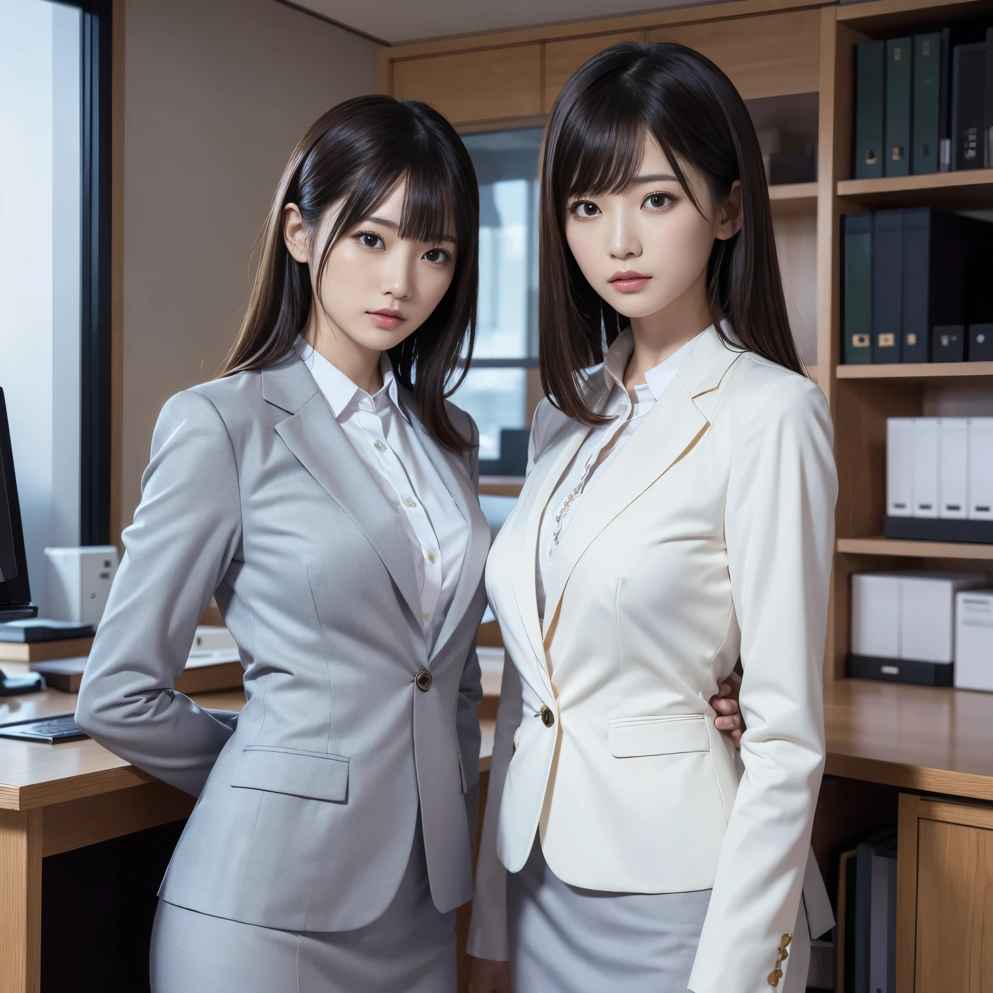 suit,2 lady,realistic,(ultra quality:1.2),japanese,high quality,masterpiece,(ultra detailed:1.4),japanese lady,beautiful face,(skirt-suit:1.1),((office)),slender,highres,