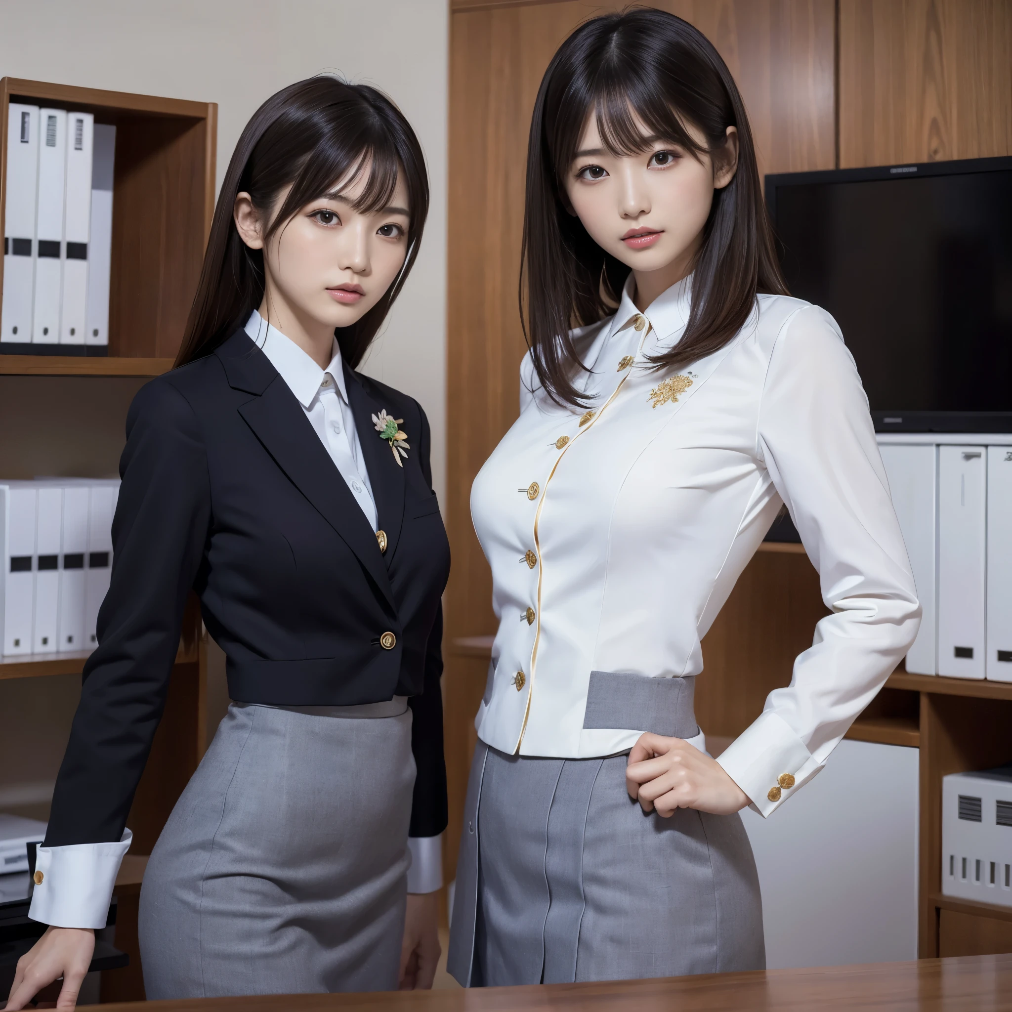 suit,2 lady,realistic,(ultra quality:1.2),japanese,high quality,masterpiece,(ultra detailed:1.4),japanese lady,beautiful face,(skirt-suit:1.1),((office)),slender,highres,