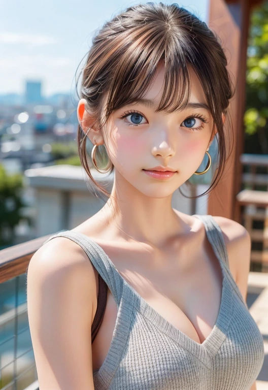((SFW: 1.4)), ((Delicate face, Professional photography)), ((SFW, short hair, hair on the temples, Brown hair, Large target, clear sky blue eyes, earrings, 1 girl)), Ultra-high resolution, (Practical: 1.4), RAW photos, best quality, (PhotoPractical Stick), focus, Soft Light, (()), (( (Young face))), (surface), (Depth of Field), masterpiece, (Practical), Miss, Bangs,ponytail, ((1 girl))