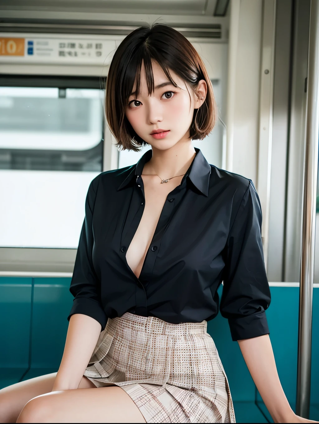 Japanese women、, very cute, beautiful, Short-sleeved shirt、Pleated skirt、mini skirt, (Embarrassing:1.3), blush、Inside the train、Sitting, (masterpiece、highest quality:1.1)、(8k, High resolution), (photograph, Realistic)、Natural Makeup, (View Viewer:1.2), (short hair, messy hair), (Embrace your chest:1.1) 