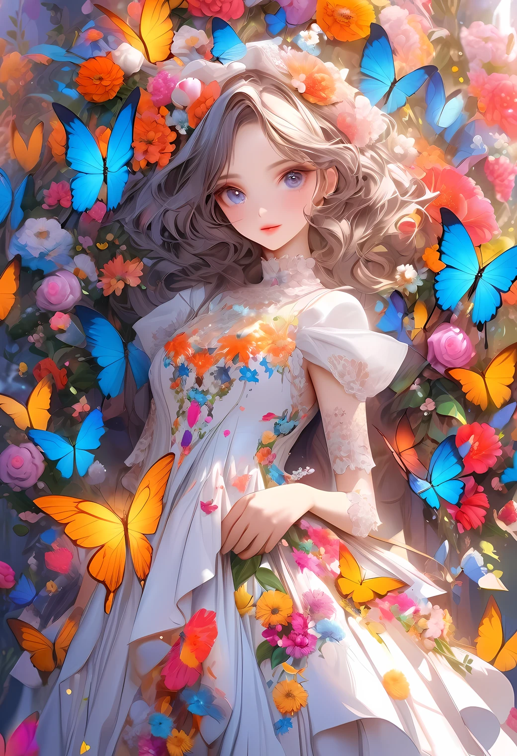 raw photo:1.2, masterpiece, highest quality, 16k, unbelievably absurd, very detailed, perfect beauty, beautiful cute girl, butterflies, flowers, vibrant colors, dress