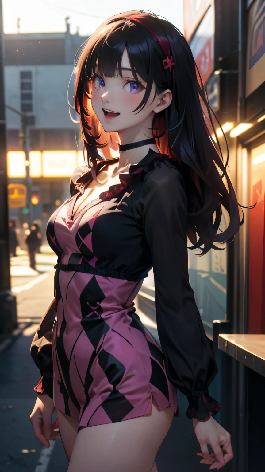 (masterpiece:1.2, top-quality), (realistic, photorealistic:1.4), beautiful illustration, (natural side lighting, movie lighting), depth of fields, 
looking at viewer, 1 girl, japanese, high school girl, perfect face, cute and symmetrical face, shiny skin, 
(long hair:1.7, (two side up:1.4), black hair, pink headband), blunt bangs, swept bang, purple eyes, long eye lasher, (medium breasts), slender
beautiful hair, beautiful face, beautiful detailed eyes, beautiful clavicle, beautiful body, beautiful chest, beautiful thigh, beautiful legs, beautiful fingers, 
((dark red argyle check v-neck one-piece, long sleeves white puff sleeve blouse, black choker)), black hand bag, 
(beautiful scenery), evening, (outside movie theater), walking, (lovely smile, upper eyes, open mouth small), 