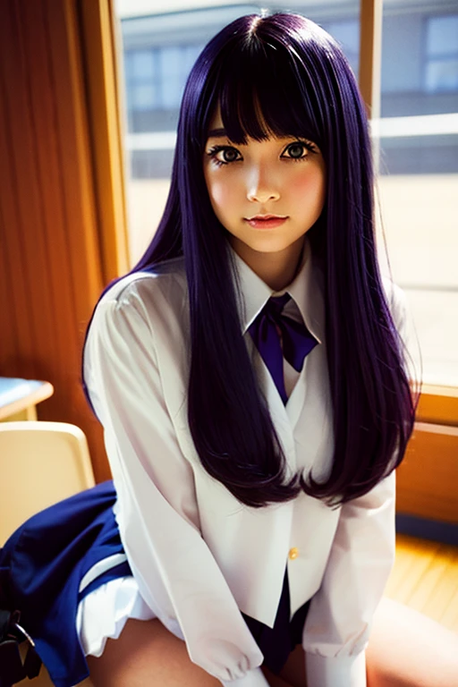 One girl, Long midnight purple hair, Golden light eyes, sit in classroom, White school modern uniform, anime