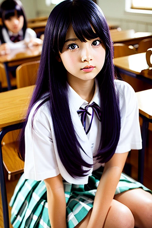 One girl, Long midnight purple hair, Golden light eyes, sit in classroom, White school modern uniform, anime