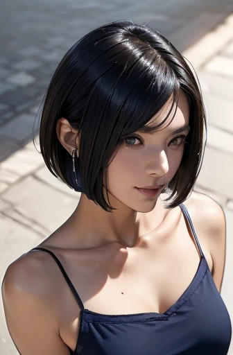 (masterpiece), (8k, best quality, high resolution), (ultra-detailed, realistic), (anatomically correct),
((from above)), ((look up and see the viewer)),
((face close-up)), (Standing), (No background),
(1woman),
(A Japanese woman, 18 years old and 155cm tall.),
((Create a detailed image of the eye)),
(((Wear a navy blue tunic camisole))), ((A camisole without decoration.)),
(black hair), (straight hair), (short hair style), (bob cut),
((put hair over ear)),
((There is a conspicuous mole on the chin)),
((smile broadly)),
(Her impression is pure, clean and kind.),